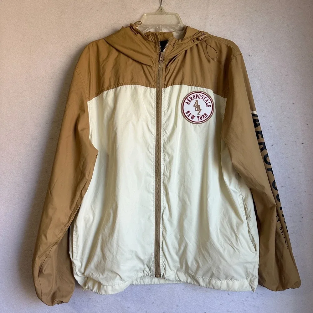 Aéropostale Hooded Windbreaker Jacket Mens M Tan Cream Colorblock‎ Logo Spring